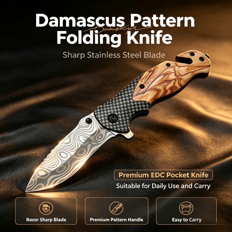 다마스커스 패턴 접이식 나이프, 날카로운 스테인리스 스 - Edc Carry Pocket Knife 리뷰 및 가격